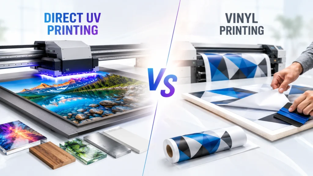 Direct UV Printing vs Vinyl Printing comparison on rigid substrates with UV flatbed printing and manual vinyl application in a modern print production environment.