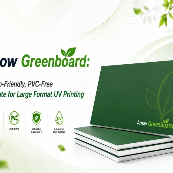 Arrow Greenboard eco-friendly PVC-free substrate banner for large format UV printing with green board sheets, leaf accents, and product benefit icons.