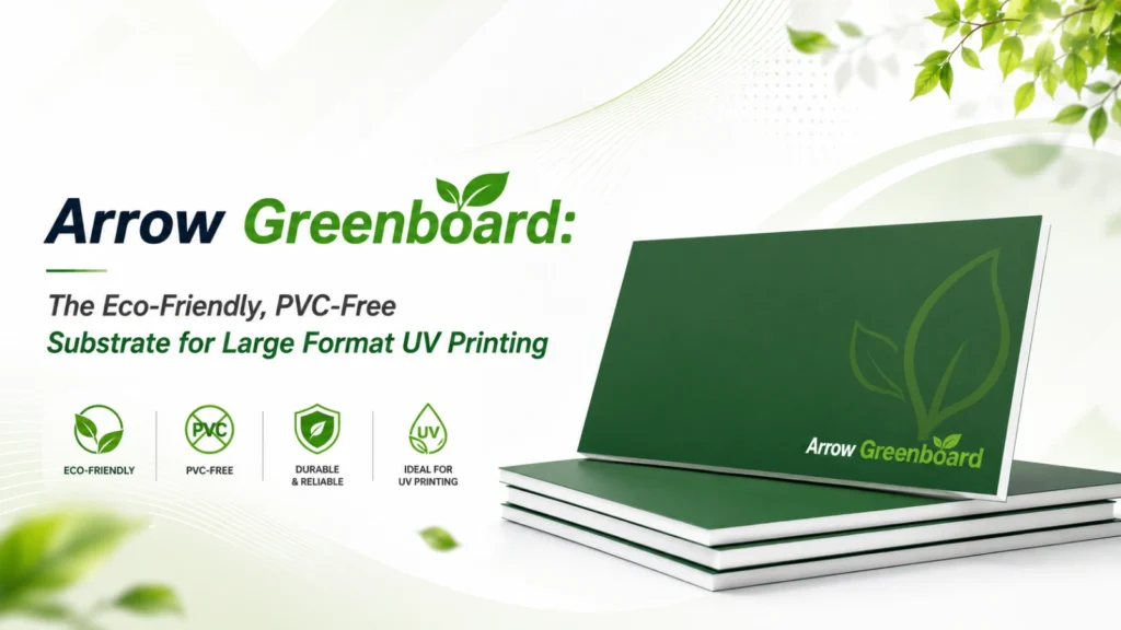 Arrow Greenboard eco-friendly PVC-free substrate banner for large format UV printing with green board sheets, leaf accents, and product benefit icons.