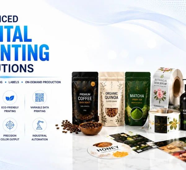 Modern digital printing solutions banner featuring premium flexible packaging, labels, and product mockups on a clean light background with blue branding elements.