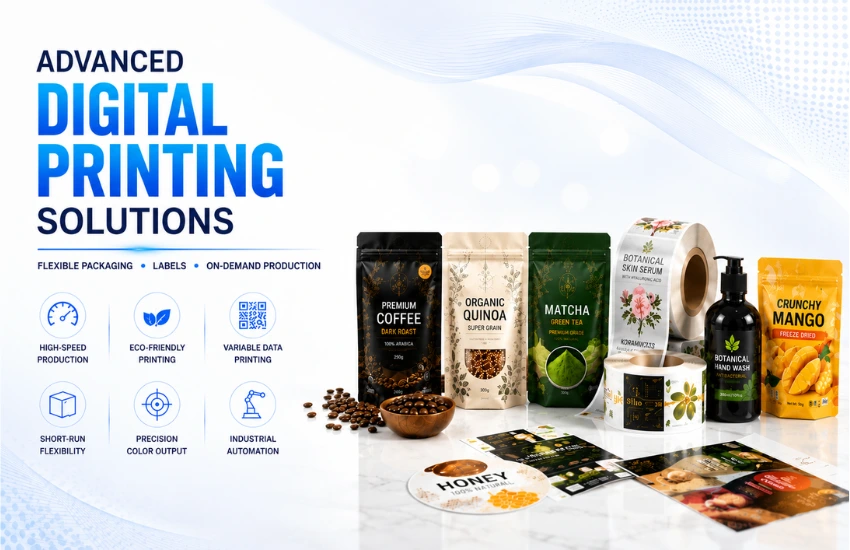 Modern digital printing solutions banner featuring premium flexible packaging, labels, and product mockups on a clean light background with blue branding elements.