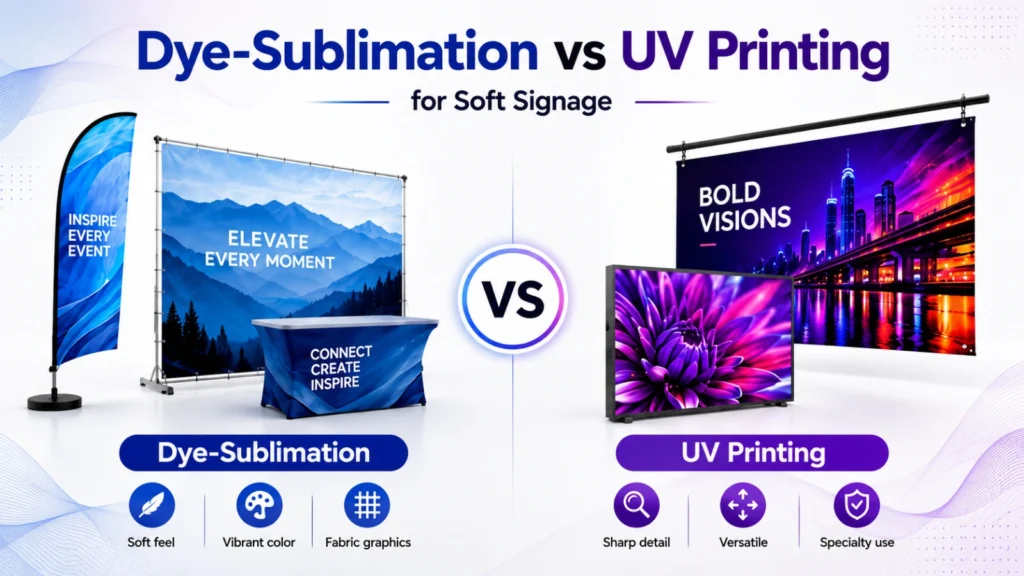 Modern Dye-Sublimation vs UV Printing comparison poster with clean light background, blue-purple theme, soft signage displays, vibrant graphics, and professional infographic layout.