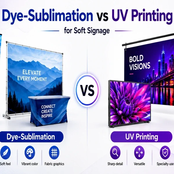 Modern Dye-Sublimation vs UV Printing comparison poster with clean light background, blue-purple theme, soft signage displays, vibrant graphics, and professional infographic layout.