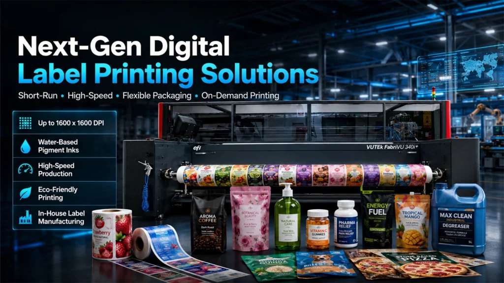 EFI VUTEk FabriVU 340i+ digital printer showcasing high-speed label and flexible packaging printing with various product packaging designs in a modern industrial production environment.