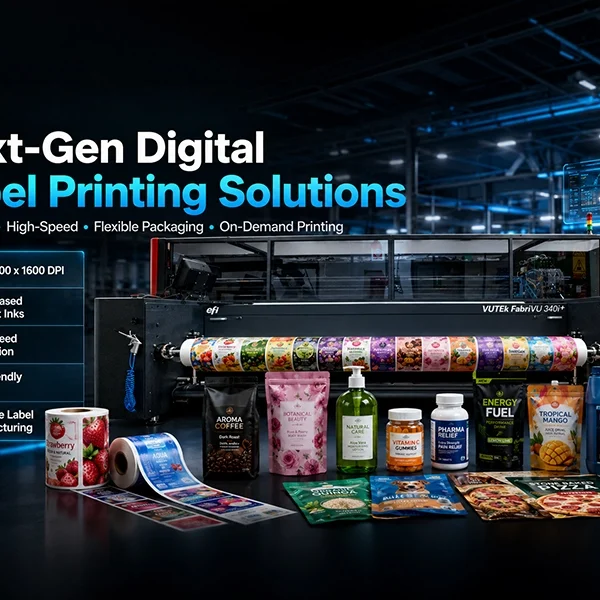 EFI VUTEk FabriVU 340i+ digital printer showcasing high-speed label and flexible packaging printing with various product packaging designs in a modern industrial production environment.