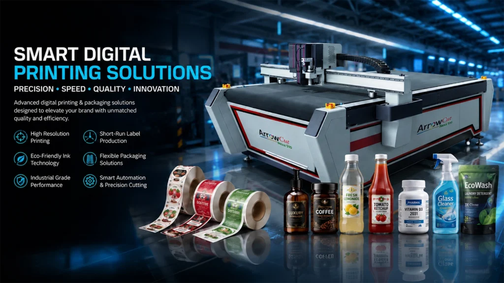 ArrowCut Nexa 510 digital cutting machine with printed labels and packaged products in a modern industrial printing environment.