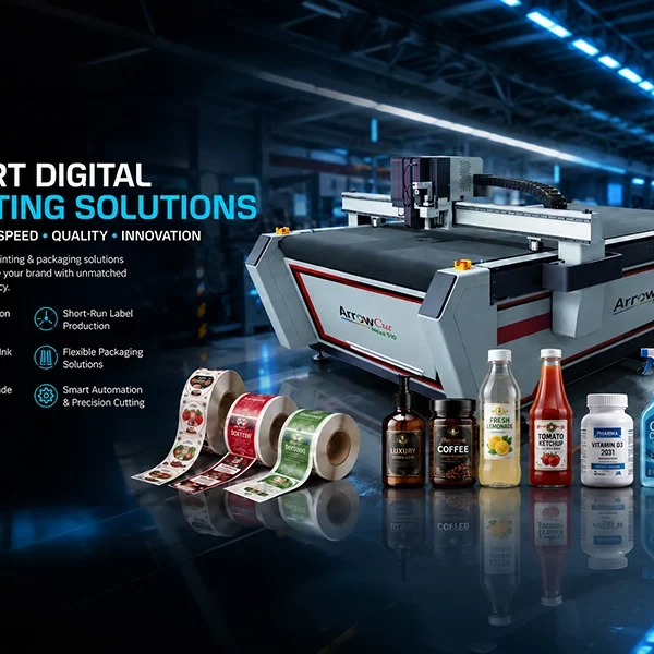 ArrowCut Nexa 510 digital cutting machine with printed labels and packaged products in a modern industrial printing environment.