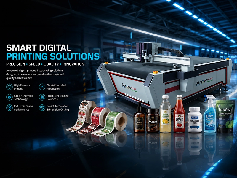ArrowCut Nexa 510 digital cutting machine with printed labels and packaged products in a modern industrial printing environment.