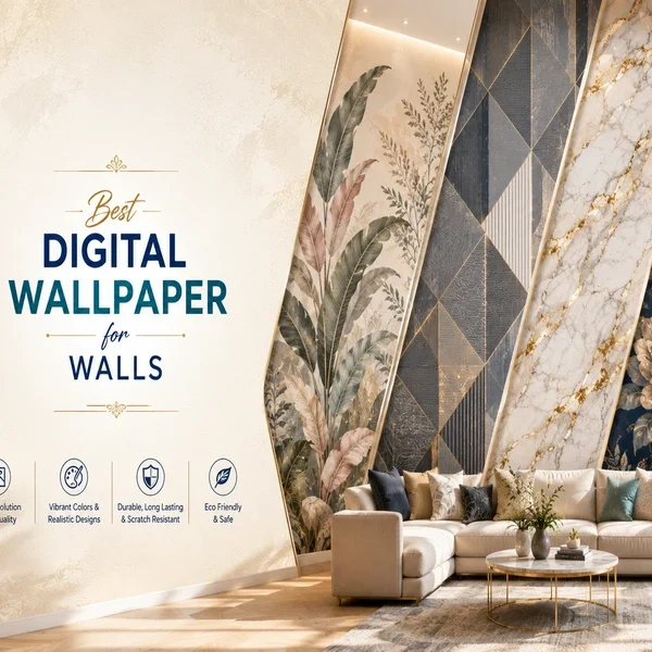 Luxury digital wallpaper banner featuring elegant modern wall designs, stylish interior décor, and premium wallpaper textures in a bright contemporary living room.