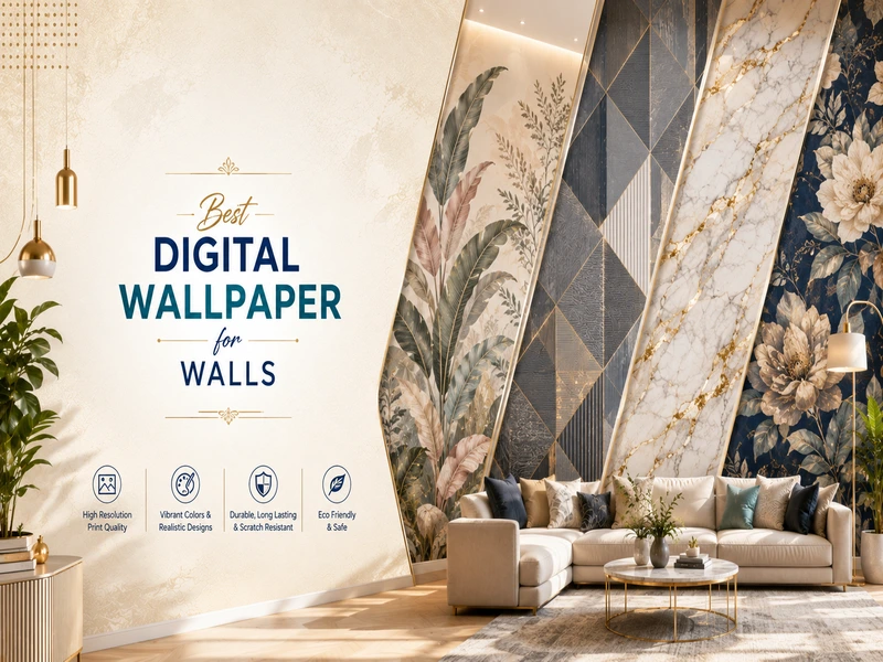 Luxury digital wallpaper banner featuring elegant modern wall designs, stylish interior décor, and premium wallpaper textures in a bright contemporary living room.