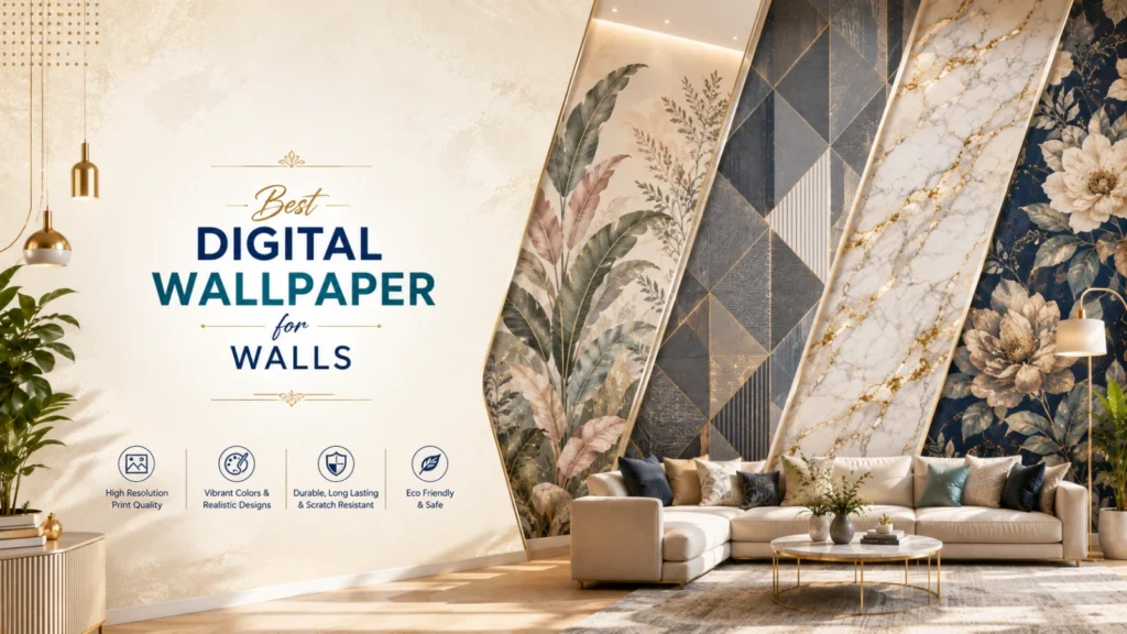 Luxury digital wallpaper banner featuring elegant modern wall designs, stylish interior décor, and premium wallpaper textures in a bright contemporary living room.