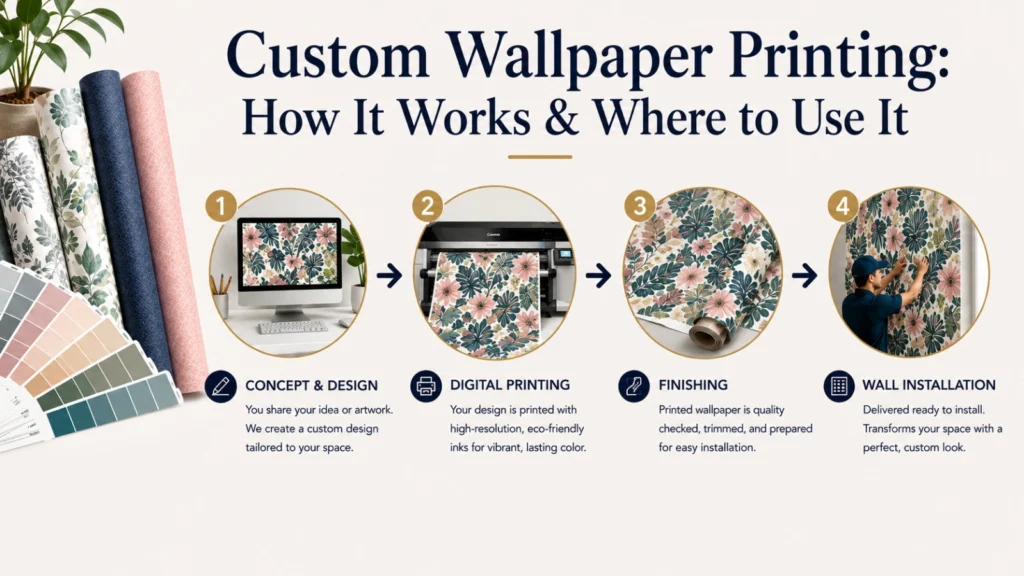 Custom wallpaper printing process infographic showing design selection, digital printing, finishing, and wall installation with matching floral wallpaper patterns.