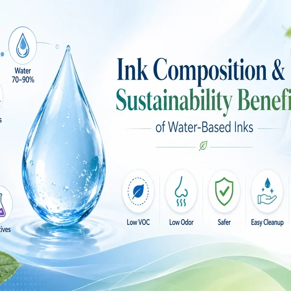 Infographic showing the composition and sustainability benefits of water-based inks with a large water droplet and eco-friendly features like low VOC, low odor, safer use, and easy cleanup.