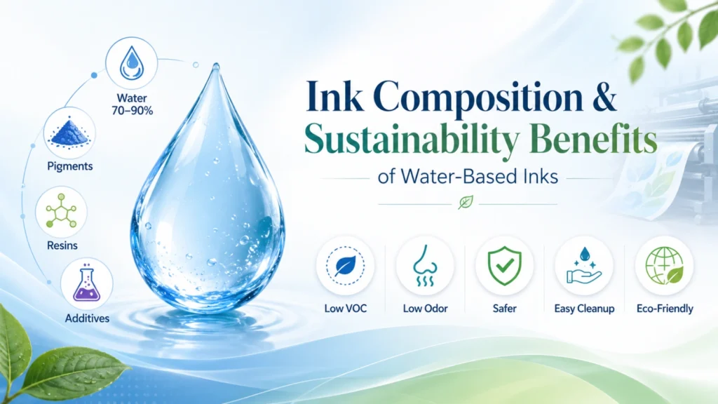 Infographic showing the composition and sustainability benefits of water-based inks with a large water droplet and eco-friendly features like low VOC, low odor, safer use, and easy cleanup.