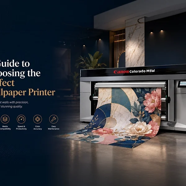 Canon Colorado M5W wallpaper printer printing a premium floral wall design in a modern luxury showroom.