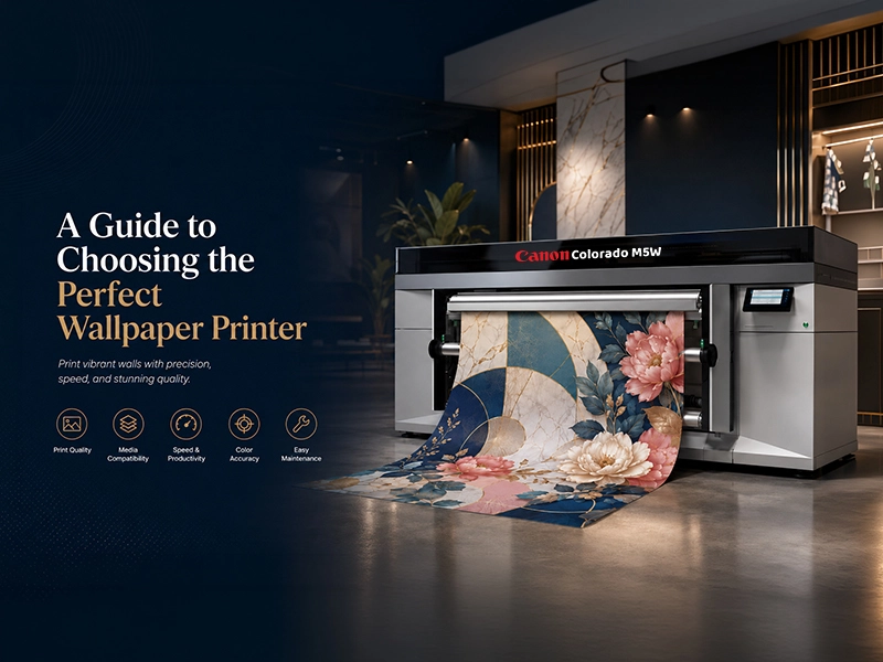 Canon Colorado M5W wallpaper printer printing a premium floral wall design in a modern luxury showroom.
