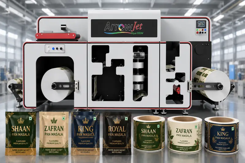Digital roll-to-roll printing on paper-based substrate for compliant sachet and label production