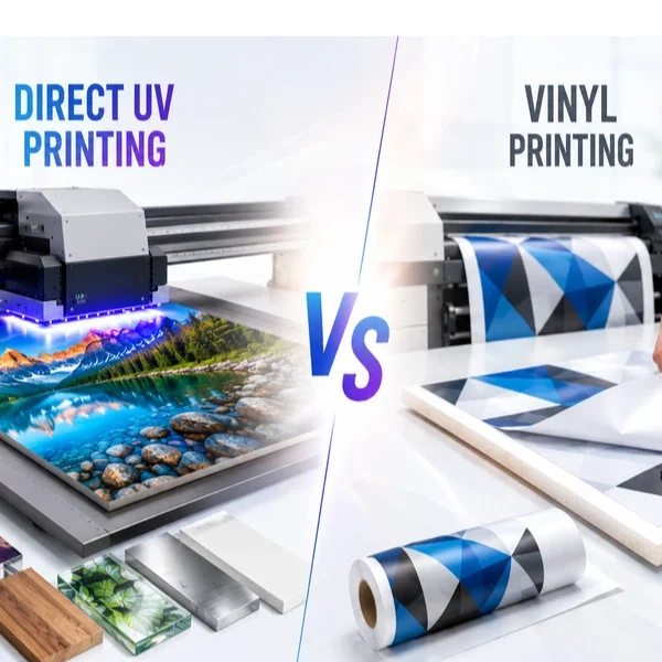 Direct UV Printing vs Vinyl Printing comparison on rigid substrates with UV flatbed printing and manual vinyl application in a modern print production environment.