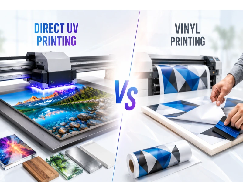 Direct UV Printing vs Vinyl Printing comparison on rigid substrates with UV flatbed printing and manual vinyl application in a modern print production environment.