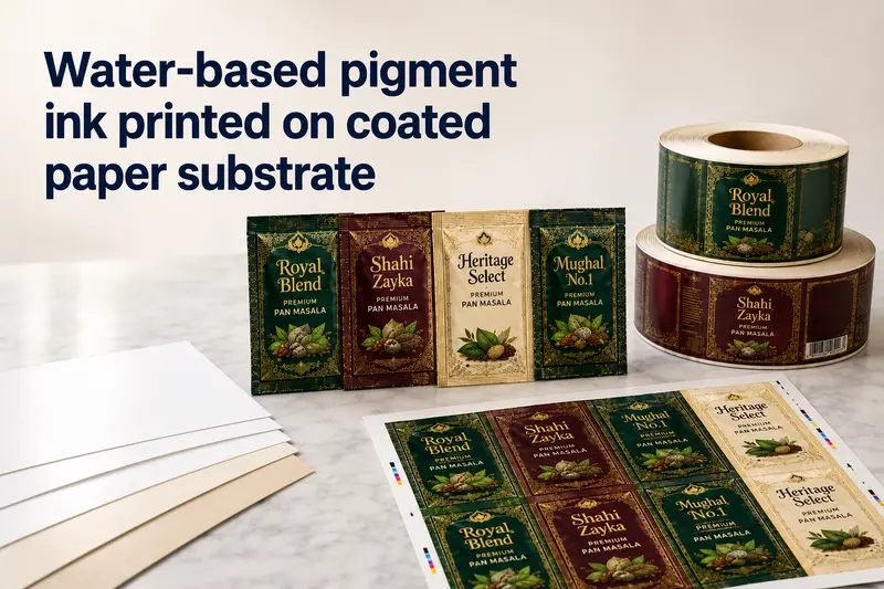 Water-based pigment ink printed on coated paper substrate — indirect food contact safe for flexible packaging applications