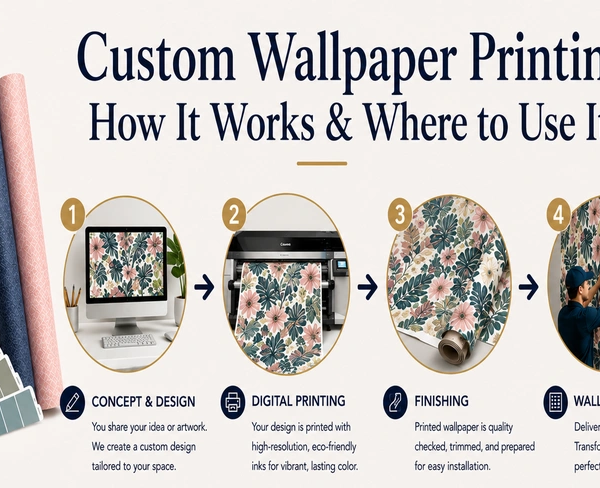 Custom wallpaper printing process infographic showing design selection, digital printing, finishing, and wall installation with matching floral wallpaper patterns.
