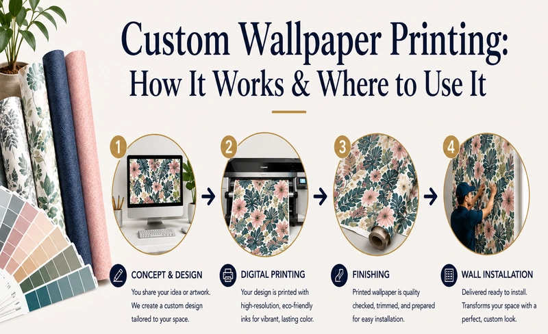 Custom wallpaper printing process infographic showing design selection, digital printing, finishing, and wall installation with matching floral wallpaper patterns.