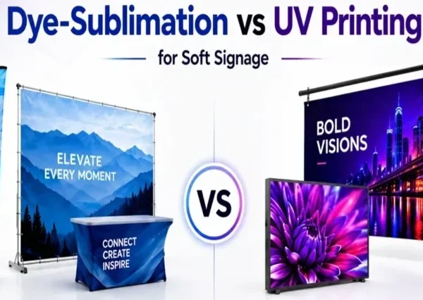 Modern Dye-Sublimation vs UV Printing comparison poster with clean light background, blue-purple theme, soft signage displays, vibrant graphics, and professional infographic layout.