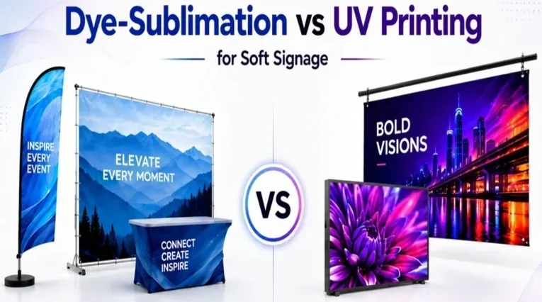 Modern Dye-Sublimation vs UV Printing comparison poster with clean light background, blue-purple theme, soft signage displays, vibrant graphics, and professional infographic layout.