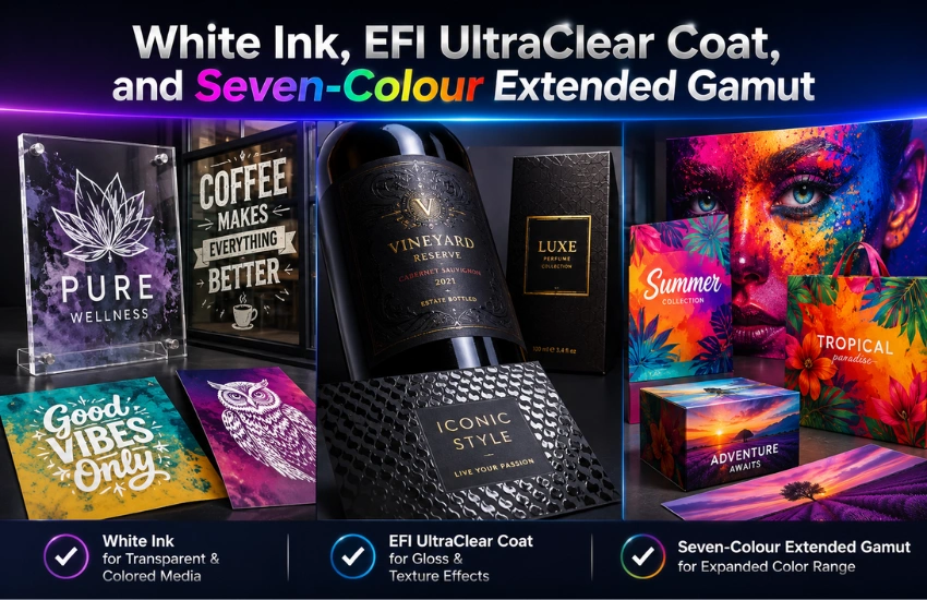White Ink, EFI UltraClear Coat, and Seven-Colour Extended Gamut
